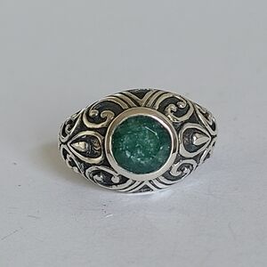 Vintage Boho Tribal Filigree Chunky Emerald Green Gemstone Sterling Silver Ring